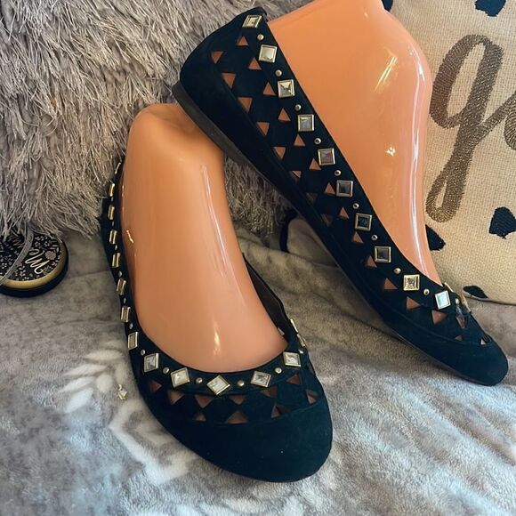 Tory burch kingsbridge ballet-lancaster suede sz 8m black suede gold silver boho - Picture 1 of 7